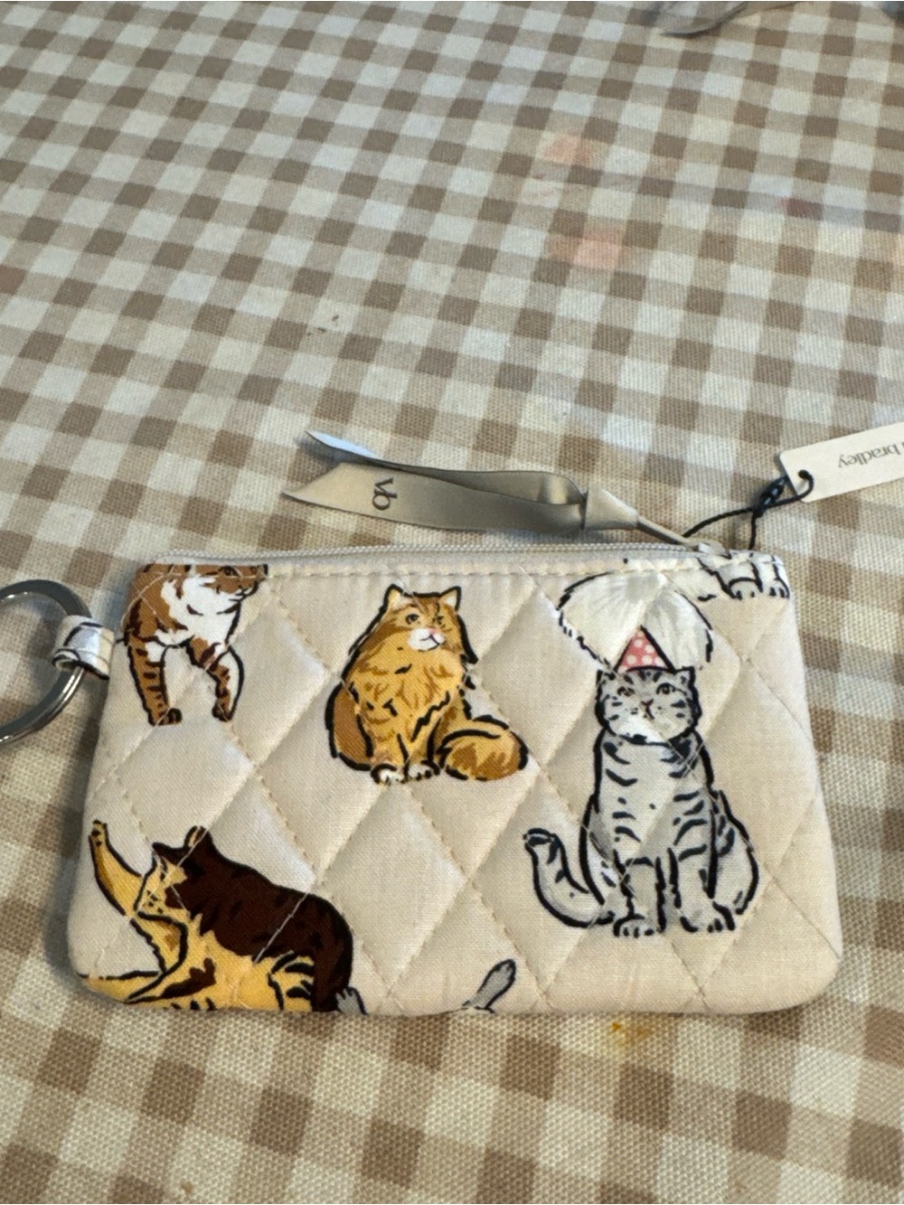 Cat Print Quilted Key Pouch - Cream